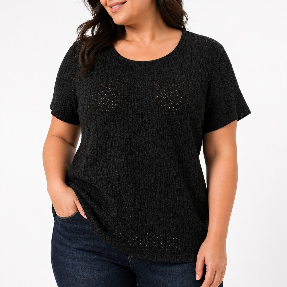 Croft & Barrow Black Textured Knit Top Womens XL Stretch Short Sleeve Casual